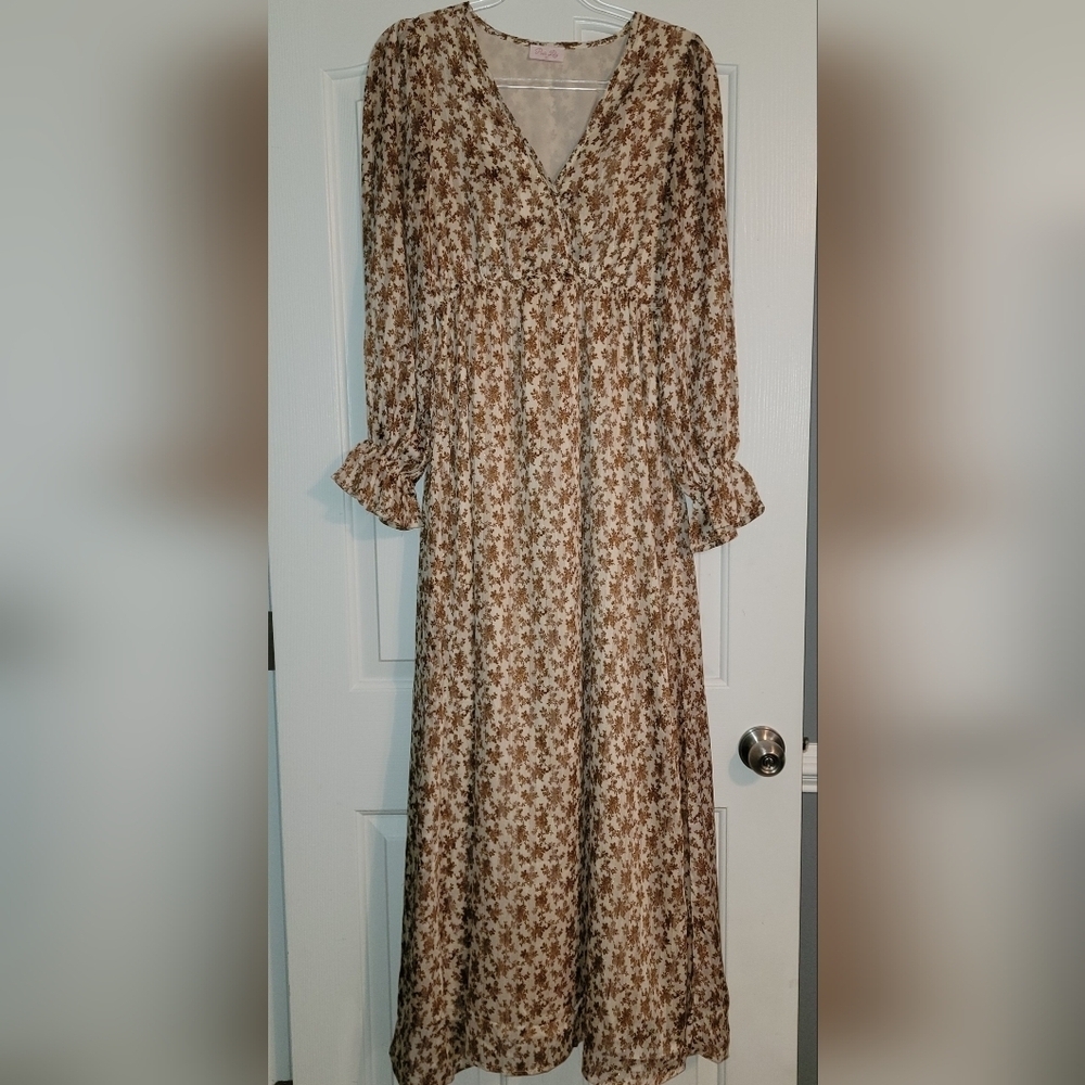 Pink Lily Brown Floral Long Sleeve Boho Dress